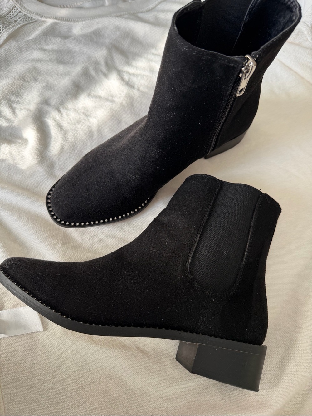 bebe Black Suede Ankle Boots with Studded Rhinestone Trim - Women